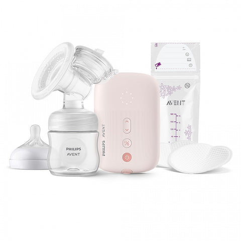 Единична електрическа помпа Natural Motion Philips AVENT SCF395/31 Advanced с 1 бр. полипропиленово шише от 125 мл с биберон Natural Response 0м+, 5 бр. торбички за кърма и 4 бр. подплънки