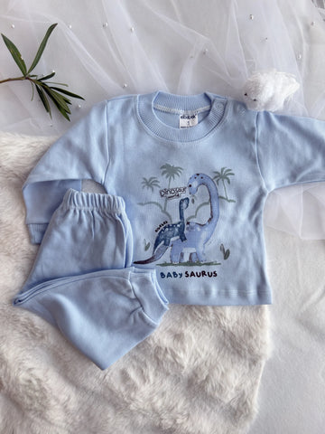 "Baby Saurus" – синя бебешка пижама от 100% памук с динозаври