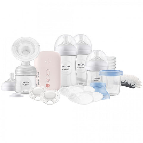 Philips AVENT SCD340/31 Комплект електрическа помпа за изцеждане на кърма Natural Motion Advanced + 4 бр. шишета Natural Response, 5 бр. контейнери VIA, залъгалка, подплънки и четка за почистване