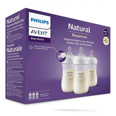 Комплект от 3 бр. шишета за хранене Natural Response 260 мл с биберон без протичане Natural Response Поток 3, 1м+, Philips AVENT