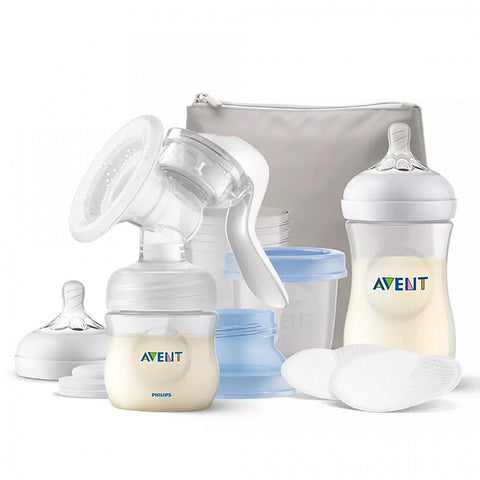 Philips AVENT Комплект Ръчна помпа за изцеждане на кърма Natural Motion с контейнери VIA, шишета за хранене Natural и несесер