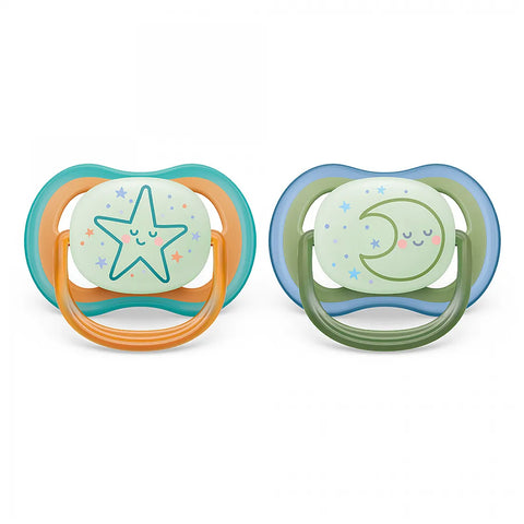 Комплект от 2 бр. светещи в тъмното ортодонтични залъгалки Philips Avent Ultra Air Night SCF376/23 и кутия за стерилизиране, 18м+