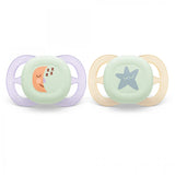 2 бр. светещи в тъмното ортодонтични залъгалки за новородени Philips AVENT SCF075/07 Ultra Start Night 0-2м, в оранжево и лилаво с декор луна и звезди, в кутия за стерилизиране