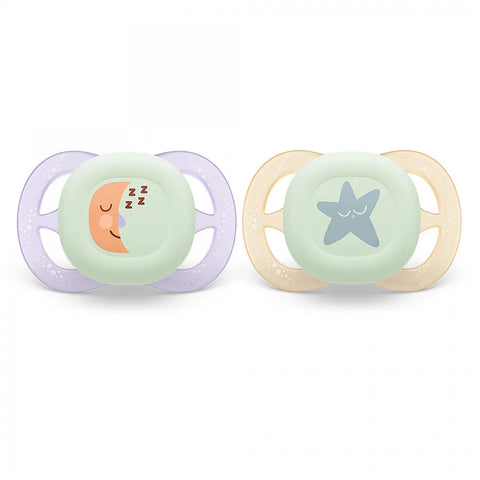 2 бр. светещи в тъмното ортодонтични залъгалки за новородени Philips AVENT SCF075/07 Ultra Start Night 0-2м, в оранжево и лилаво с декор луна и звезди, в кутия за стерилизиране