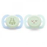 2 бр. светещи в тъмното ортодонтични залъгалки за новородени Philips AVENT SCF075/08 Ultra Start Night 0-2м, в синьо и зелено с декор Sleep, в кутия за стерилизиране