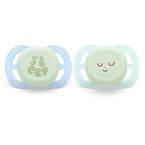 2 бр. светещи в тъмното ортодонтични залъгалки за новородени Philips AVENT SCF075/08 Ultra Start Night 0-2м, в синьо и зелено с декор Sleep, в кутия за стерилизиране