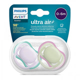 Комплект от 2 бр. ортодонтични залъгалки Philips AVENT SCF085/24 Ultra Air 0-6м, лилаво и зелено, в кутия за стерилизиране