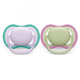 Комплект от 2 бр. ортодонтични залъгалки Philips AVENT SCF085/24 Ultra Air 0-6м, лилаво и зелено, в кутия за стерилизиране