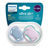 Комплект от 2 бр. ортодонтични залъгалки Philips AVENT SCF085/34 Ultra Air 6-18м, неутрални, лилави, в кутия за стерилизиране