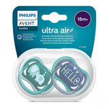Комплект от 2 бр. ортодонтични залъгалки Philips AVENT SCF349/18 Ultra Air 18м+, синя с декор Слонове и зелена с надпис Hello, в кутия за стерилизиране
