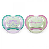 2 бр. светещи в тъмното ортодонтични залъгалки Philips Avent Ultra Air Night 0-6м с декорация Пеперуда и надпис Dreams, в кутия за стерилизиране и пренасяне