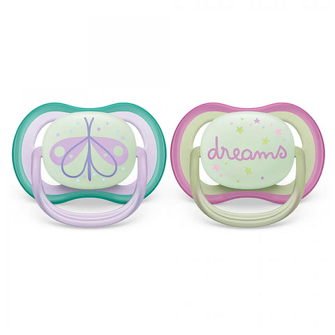2 бр. светещи в тъмното ортодонтични залъгалки Philips Avent Ultra Air Night 0-6м с декорация Пеперуда и надпис Dreams, в кутия за стерилизиране и пренасяне