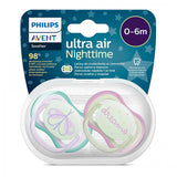2 бр. светещи в тъмното ортодонтични залъгалки Philips Avent Ultra Air Night 0-6м с декорация Пеперуда и надпис Dreams, в кутия за стерилизиране и пренасяне