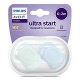 Комплект от 2 бр. ортодонтични залъгалки за новородени Philips AVENT SCF075/02 Ultra Start 0-2м, в синьо и зелено, в кутия за стерилизиране