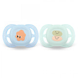 Комплект от 2 бр. ортодонтични залъгалки за новородени Philips AVENT SCF075/04 Ultra Start 0-2м, в синьо и зелено със забавен декор, в кутия за стерилизиране