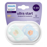 Комплект от 2 бр. ортодонтични залъгалки за новородени Philips AVENT SCF075/04 Ultra Start 0-2м, в синьо и зелено със забавен декор, в кутия за стерилизиране
